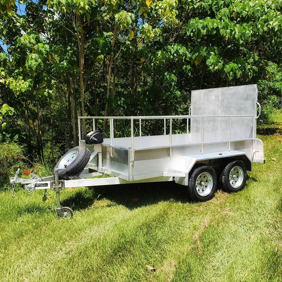 Galvanised tandem box trailer with cage sides and spare wheel